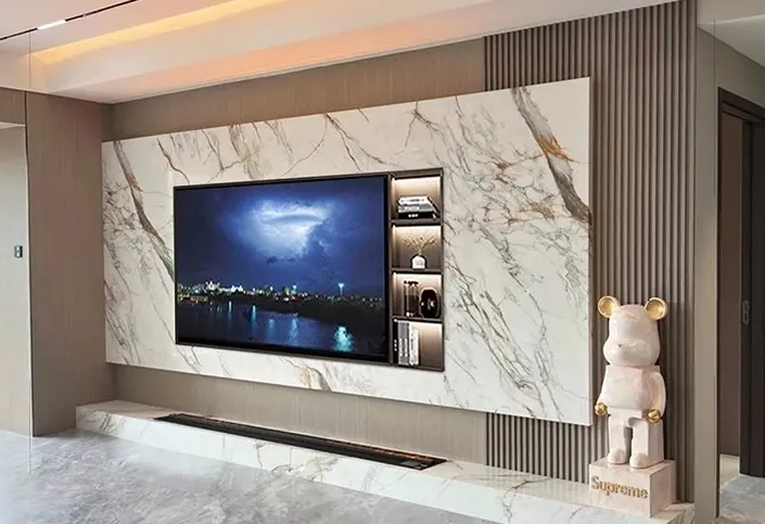 2024 Роскошная Подставка для телевизора, Современная решетка, каменный фон, настенная панель и шкафы для телевизора