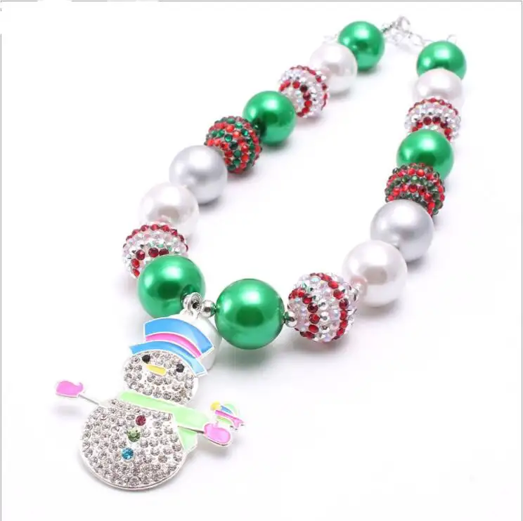 Snowman Pendant Necklace Christmas Jewelry For Girls Kids Chunky Bubblegum Pearl Rhinestone Beads Necklace Baby Festival Gifts