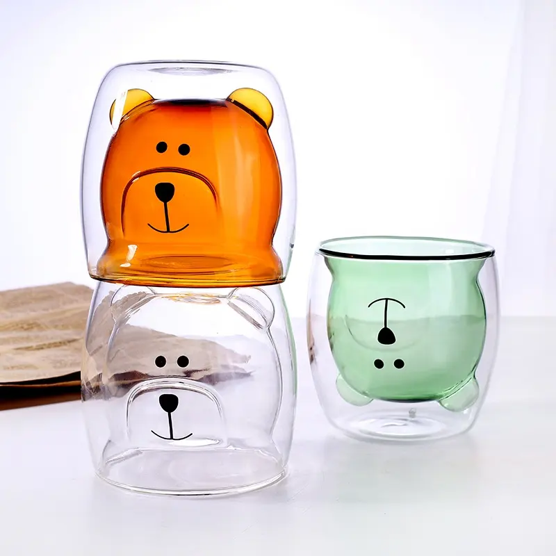 Amazon Top Seller Cute Bear Shaped Double Wall Glass Cartoon coffee Cups Drinkware coffee Tea Milk Mug Gift For Festivals