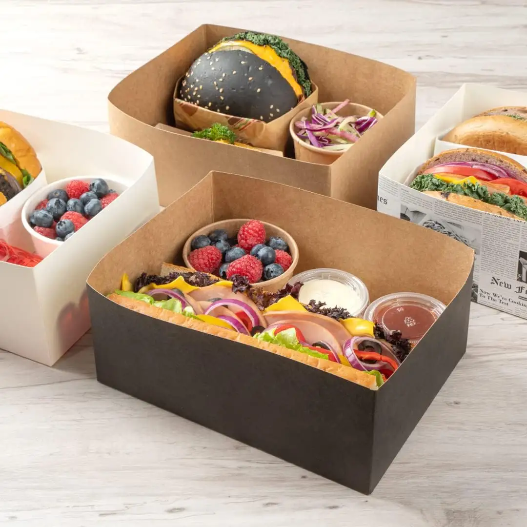 Cibo di carta usa e getta riciclabile robusto carta nera film Snack pasti Snack prodotti da forno vassoio per hamburger