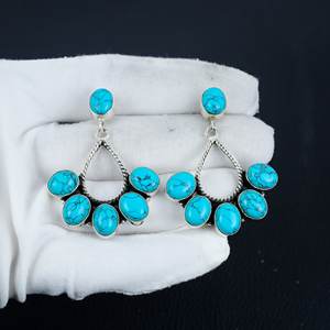 อัญมณีเทอร์ควอยซ์หรูหราดีไซน์ดอกไม้ทำด้วยมือต่างหูเงินสเตอร์ลิง925เครื่องประดับผู้หญิง - Product Image 3