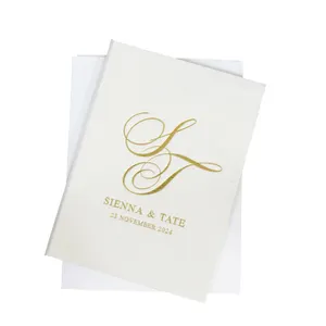 Elegan gading dan emas foil Folio beludru Hardcover undangan Custom dicetak kertas undangan alat tulis pernikahan