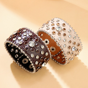 European American Retro Rhinestone Studded Wide <b>Leather</b> <b>Bracelet</b> Crocodile Pattern Punk Hip Hop Motorcycle Style - Product Image 1