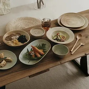 Conjunto de pratos de cerâmica vintage para jantar, pratos de porcelana para restaurante, grés em relevo, venda imperdível por atacado