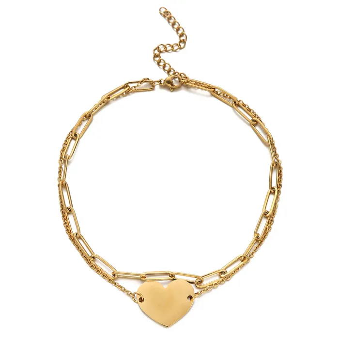 Trendy Fashion Paperclip Chain Bracelet 18k Gold Plated Delicate Vintage Stainless Steel Heart Charms Double Layer Bracelet