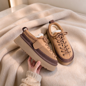 Chaussures unisexes à lacets en fourrure, plateforme, chaudes pour l'hiver, doublées de peluche, mules à enfiler, rétro, en daim, semelle épaisse, chaussures décontractées - Product Image 2