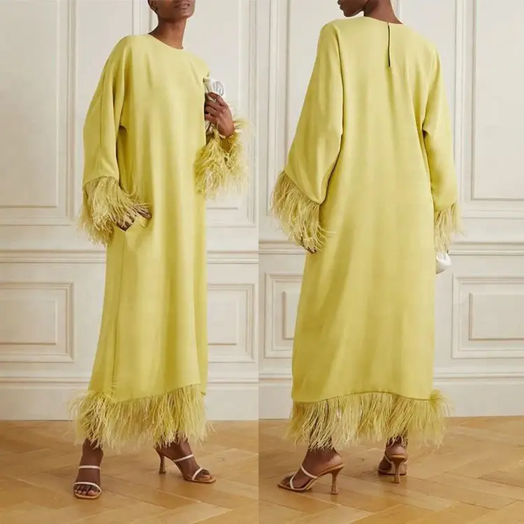 2023 Casual Modest Muslim Frauen Kleid Robe Langarm Maxi Quaste Krepp Taft Loose Feather Trim Kleid