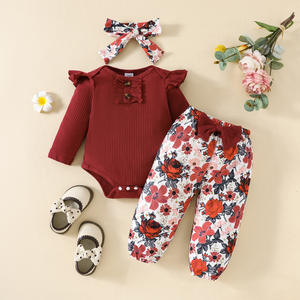 Ensemble trois pièces pour bébé en coton transfrontalier : haut à manches longues en dentelle, pantalon triangle à fleurs et nœud, ceinture pour cheveux - Product Image 6