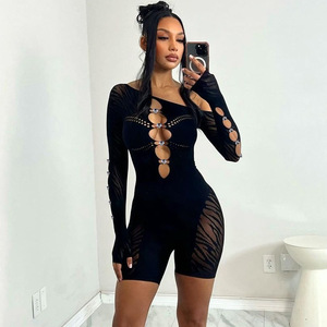 New Solid Color Hollowed Out Diagonal Shoulder Long Sleeved Bright Revealing Chest Sexy One-piece Women's Clothing - Product Image 1