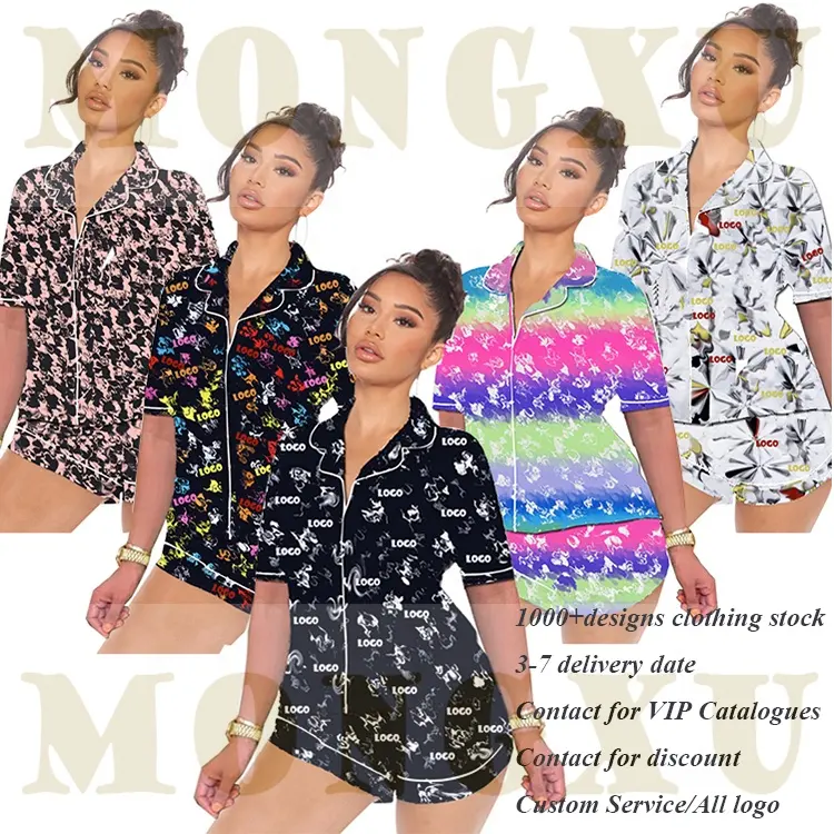MONGXU 2023 high quality Women's Korean Sleepwear Set Digital Print Designer Silk Soft Short Sleeve Pajamas Night wears