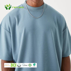 Camiseta de algodón orgánico de lujo para hombre 280GSM peso pesado de gran tamaño Rib Crewneck Drop Shoulder ropa de calle personalizada tela de punto - Product Image 1