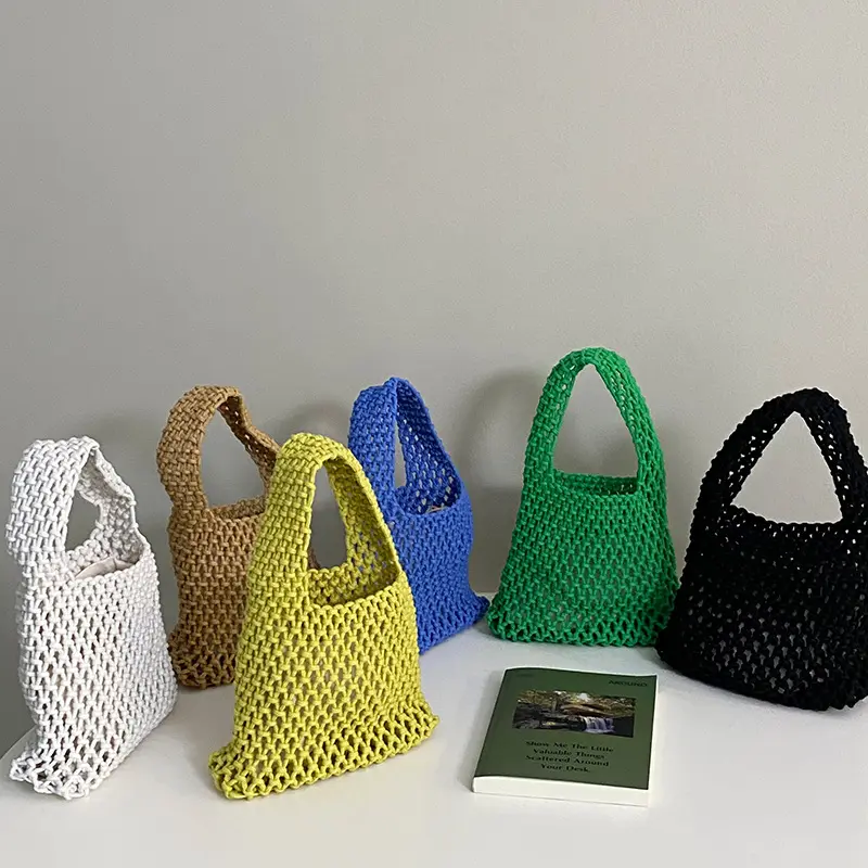 Custom Cotton Drawstring crochet raffia Bag For Women INS popular handmade Mesh Net Beach Bag with Inner Pocket