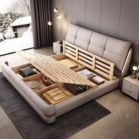 Lit double en cuir à revêtement souple, avec rangement à pression d'air, lit double doux et confortable avec revêtement moelleux et fonctions de rangement