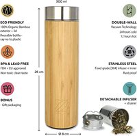Bouteille isotherme en bambou personnalisée et gravée sur mesure de 530 ml avec infuseur à thé et filtre pour thé en feuilles et infusion de fruits
