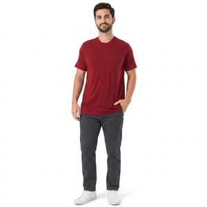 Camiseta Deportiva Informal de Manga Corta con Cuello Redondo, Color Granate Liso, Corte Regular, Transpirable, de Secado Rápido, para Correr, Gimnasio, Poliéster/Algodón - Product Image 1
