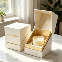 Boîte à bougies rigide magnétique personnalisée ISO9001, étui texturé blanc cassé avec base dorée, impression de logo pour l'emballage de bougies parfumées en cadeau