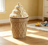 Panier de rangement en osier avec couvercle, motif crème glacée mignon, boîte de rangement pour jouets d'enfants en rotin faite à la main pour la décoration de la chambre d'enfant