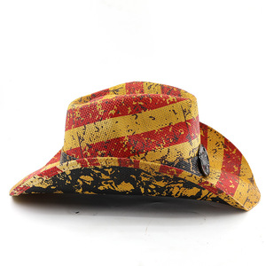 Classiques Amérique Drapeau Peinture Chapeaux De Paille pour Femmes et Hommes D'été Casual Scrawl Style Large Bord Cowboy Chapeaux De Paille Bandes De Cuir - Product Image 4