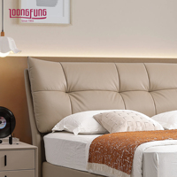 Lit en cuir véritable LOONGFUNG avec cadre en bois de pin massif robuste, tête de lit rembourrée, design luxueux léger, meubles de chambre à coucher