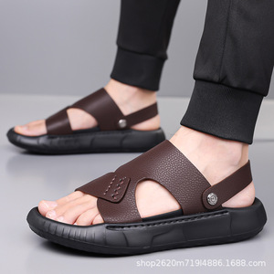 Genuine Leather Slides Open Toe Rubber Outsole Breathable Casual <b>Sandals</b> For Men Women Summer Outdoor Wear - Product Image 4