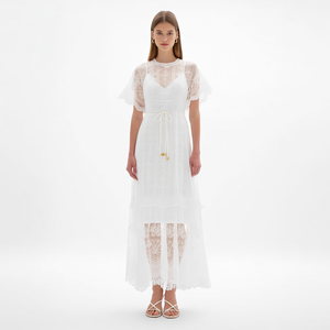 Vestido midi blanco de encaje con tirantes finos, cuello en V, cintura con lazo, bajo festoneado y corte acampanado, personalizado al por mayor para mujer - Product Image 6