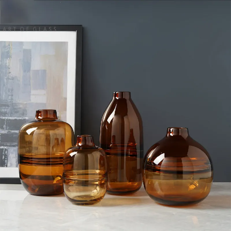 Toptan özel büyük yuvarlak lüks renkli büyük cam vazo topu yuvarlak Amber kahverengi cam vazo
