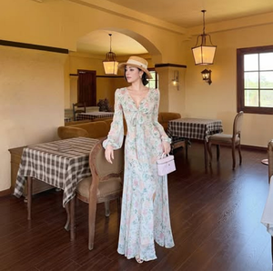 V <b>Neck</b> <b>Tie</b> Front Long Sleeve Slit Breathable Vacation Resort Wear Wholesale Boho Floral Digital Chiffon Maxi Dress Women Deep - Product Image 6