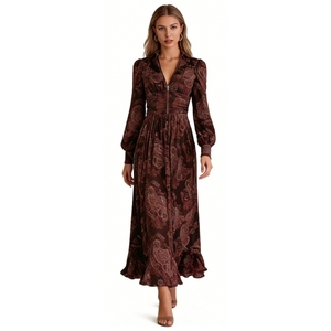 เดรสยาวพิมพ์ลายเพสลีย์สไตล์วินเทจสำหรับผู้หญิง แขนยาว ซิปด้านหน้า ทรงพลิ้วไหว ชุดราตรีแฟชั่น - Product Image 3