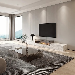 Modern <strong>White</strong> Marble <strong>TV</strong> <strong>Stand</strong> with Tempered Glass Top and Fireplace for Living Room Hotel &amp; Apartment Use - Product Image 6