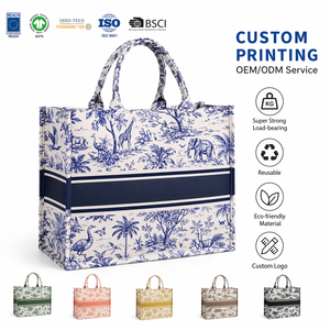 Bolsa de Tela Reutilizable de Gran Capacidad con Diseño Floral Azul Vintage Personalizada de Alta Calidad para Supermercado con Asa Resistente - Product Image 1