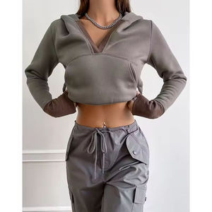 <span class=keywords><strong>Felpa</strong></span> Corta da Donna con Scollo a V 1/2, in Pile, Personalizzabile, <span class=keywords><strong>Grigia</strong></span>, Stile Francese, Produzione OEM - Product Image 3