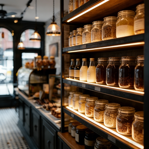 Scaffale espositivo a struttura verticale con linee d'arco, in stile rustico e accogliente, per negozio di specialità - Product Image 4