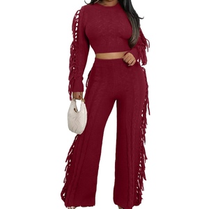 Nouvel ensemble 2 pièces pour femme, pull en tricot uni à manches longues et col rond, pantalon à franges, automne/hiver, tendance - Product Image 3