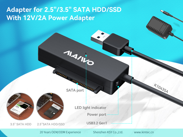 MAIWO Tool-Free 2.5" 3.5" SATA HDD/SSD Adapter Hard Disk Drive Converter with Power Adapter