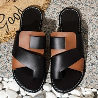 Nouvelles Sandales Plates Décontractées d'Été Grande Taille Confortables Noir et Blanc Color-Block pour Femme