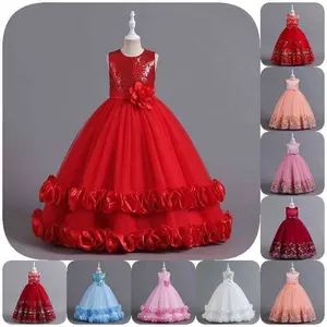 Stylish Fashion Formal 3-14 Years Girl Frock Design Lace Kids Satin Birthday Party Dress