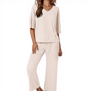 Women's 2-Piece Loose Fit Cotton Pajama <b>Set</b> V-Neck Top With Pocket Mid-Calf Pants Solid Color Breathable Casual Wear - Product Image 3