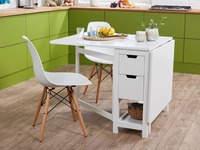 Meubles de salle à manger en vente directe d'usine table en bois pliante blanche avec 2 tiroirs et étagère de rangement inférieure