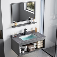Meuble de salle de bain pour petit appartement, vasque intégrée sans porte en alliage d'aluminium gris, vasque en céramique monobloc, montage mural