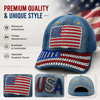 Casquette de baseball élégante et ajustable, effet vieilli, 6 panneaux, visière incurvée, motif drapeau américain, design personnalisé brodé, avec strass