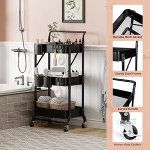 Chariot à roulettes pliable à 3 couches avec roues, support de rangement multifonction pliable, noir, prix d'usine - Product Image 5