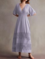 Robe longue décontractée pour femmes, style bohème, été, 2026, manches courtes, col en V, taille smockée, dentelle, couleur violette, élégante