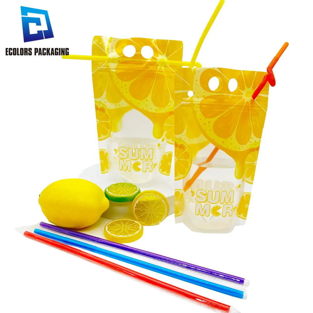 Venta al por mayor 500ml Stock disponible Stand Up Logo impreso limonada bebida bolsa de plástico transparente con paja agujero para colgar