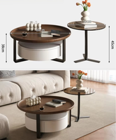 Ensemble de tables basses rondes de luxe modernes et table d'appoint en verre avec plateau en bois de noyer et structure en métal, tables gigognes pour salon