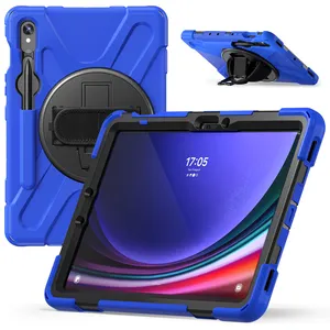 Casing penutup Tablet Samsung Galaxy Tab S9 FE X710 11 inci, casing penutup Tablet kasar kulit silikon tahan guncangan dengan tali bahu dudukan Putar