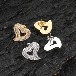 Hip Hop Inspired Modern Sleek Intricately Crafted Zircon Encrusted Hollow Heart Shaped <b>Stud</b> Earrings - Product Image 1