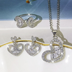 Set di Gioielli in Rame a Forma di Cuore per Donne, Classico per Matrimoni, Feste e Uso Quotidiano, Collana, Orecchini e Anello, Accessorio di Moda - Product Image 2