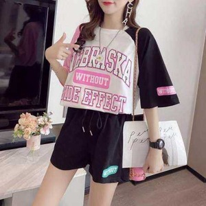 Women Summer Casual Two Piece Set Loose Plus Size T Shirt Shorts Alphanumeric Script Print Polyester Sporty Outfit - Product Image 3
