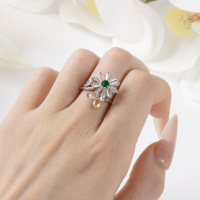 Bague ajustable en laiton plaqué argent scintillant avec fleur et abeille, bijou de luxe pour femme, idéal pour les fiançailles