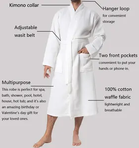 Mannen Kimono Badjas Wafel Badjassen Luxe 100% Katoen Badjas Custom Geborduurde Witte Wafel Badjas